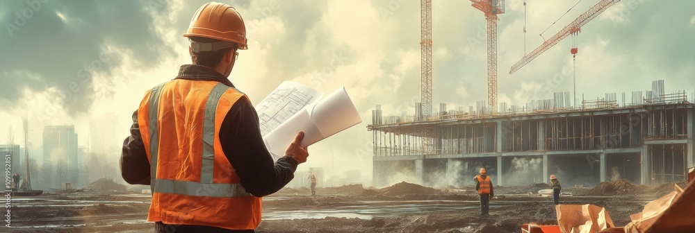 Leinwandbilder An engineer stands on a construction site reviewing blueprints as workers construct a building under cloudy skies in the afternoon. Generative AI