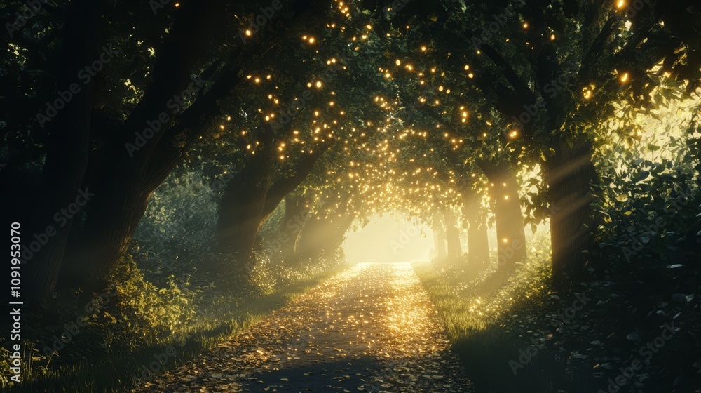 Poster magical tree-lined path with lights.