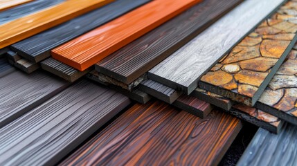A display of recycled plastic decking and waterresistant wood composite materials used for outdoor spaces and balconies.
