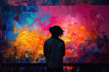 A silhouette of a person painting on a large canvas, with a splash of abstract colors behind