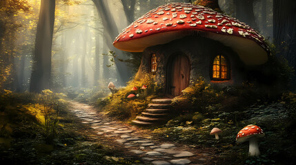 Mushroom house in the enchanted woods. surreal mystical fantasy artwork. Enchanted Mushroom Forest. Illustration