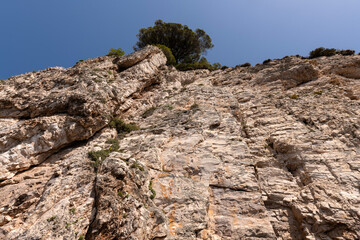 Detailed view of a rugged rocky cliff with sparse vegetation at Zakynthos Island, Greece, highlighting the natural textures and formations under a bright blue sky.