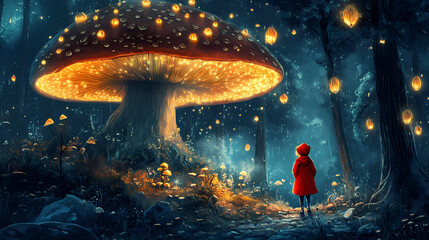Whimsical night adventure: child in red coat exploring enchanted forest with giant mushroom. Enchanted Mushroom Forest. Illustration