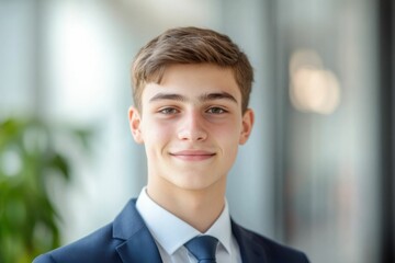 Close-up headshot Confident European young man, good looking young man, middle aged leader, male businessman CEO on blurred office background. Handsome young European businessman smiles at the camera