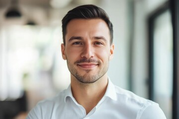 Obraz premium Close-up headshot Confident European young man, good looking young man, middle aged leader, male businessman CEO on blurred office background. Handsome young European businessman smiles at the camera