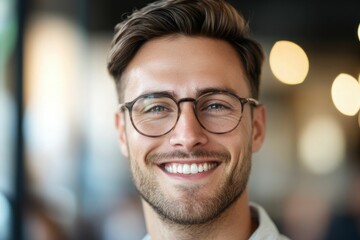 Obraz premium Close-up headshot Confident European young man, good looking young man, middle aged leader, male businessman CEO on blurred office background. Handsome young European businessman smiles at the camera