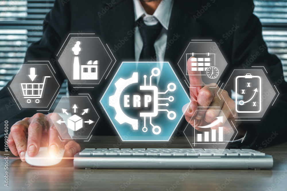 Poster digital interface displaying enterprise resource planning icons for business management and integrat