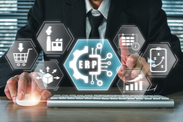 Digital Interface Displaying Enterprise Resource Planning Icons for Business Management and...