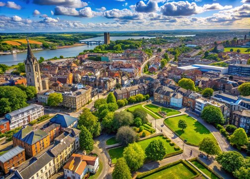 Aerial View of Gravesend Town Centre: Vibrant Urban Landscape Showcasing Architecture, Parks, and Streets in a Drone's Eye Perspective