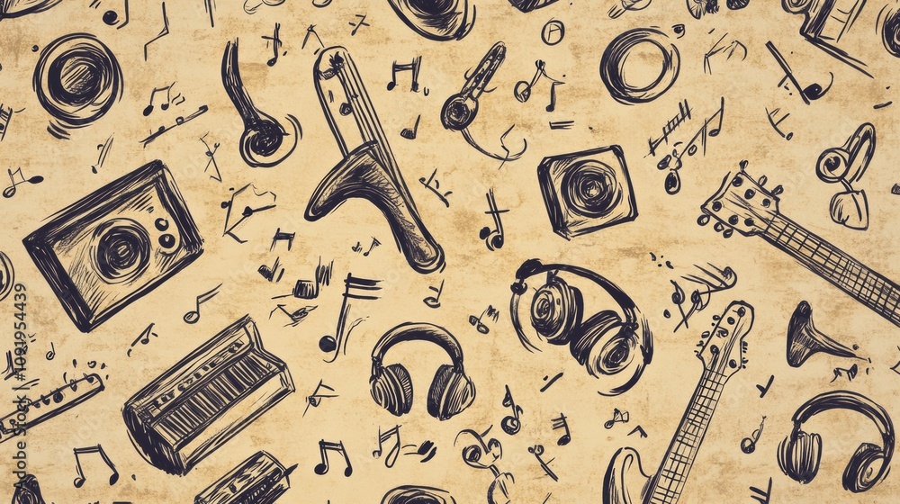 Poster this artwork showcases a lively pattern filled with various musical instruments, notes, and sound el