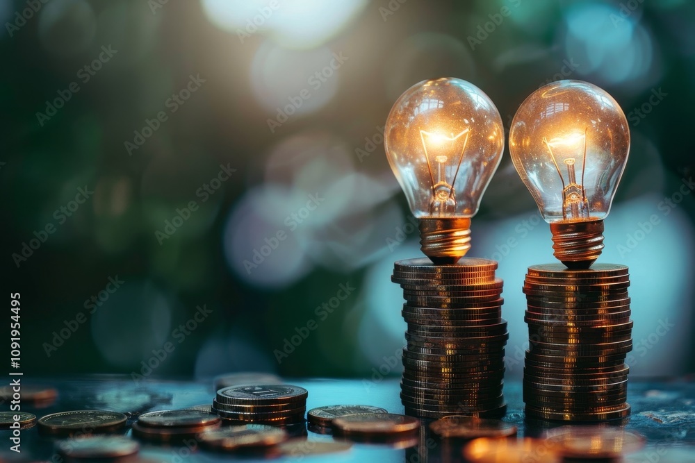 Poster two illuminated light bulbs rest on piles of coins, symbolizing the fusion of creativity and finance