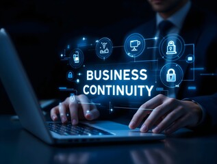 Business continuity management concept. Business Continuity with icons strategy, risk assessment, and operational planning. Background, business continuity planning and resilience in managing disrupti