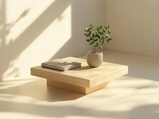 Minimalist Interior Design with Wooden Table, Potted Plant, and Book in Natural Light – Concept of Tranquility, Simplicity, Serenity, and Modern Home Decor