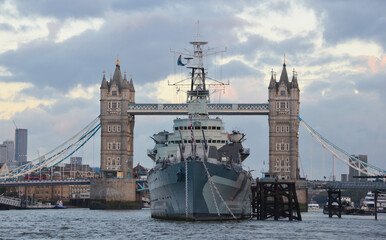 London, England, United Kingdom - October 2024: HMS Belfast and Tower Bridge on the River Thames.