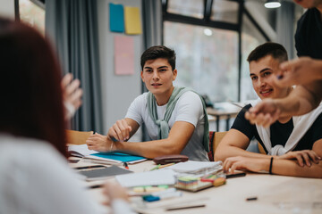 A group of students engaging in a collaborative activity in a modern classroom setting, fostering teamwork and education. The students appear focused and enthusiastic about the learning process.