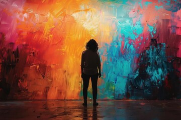 A silhouette of a person painting on a large canvas, with a splash of abstract colors behind