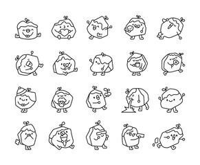 Set of funny and cheerful rock characters with kawaii cute cartoon faces for joyful creative playful happy emotions and expressive charming illustrations