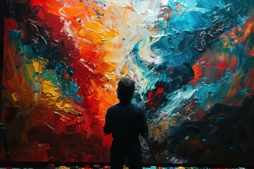 A silhouette of a person painting on a large canvas, with a splash of abstract colors behind