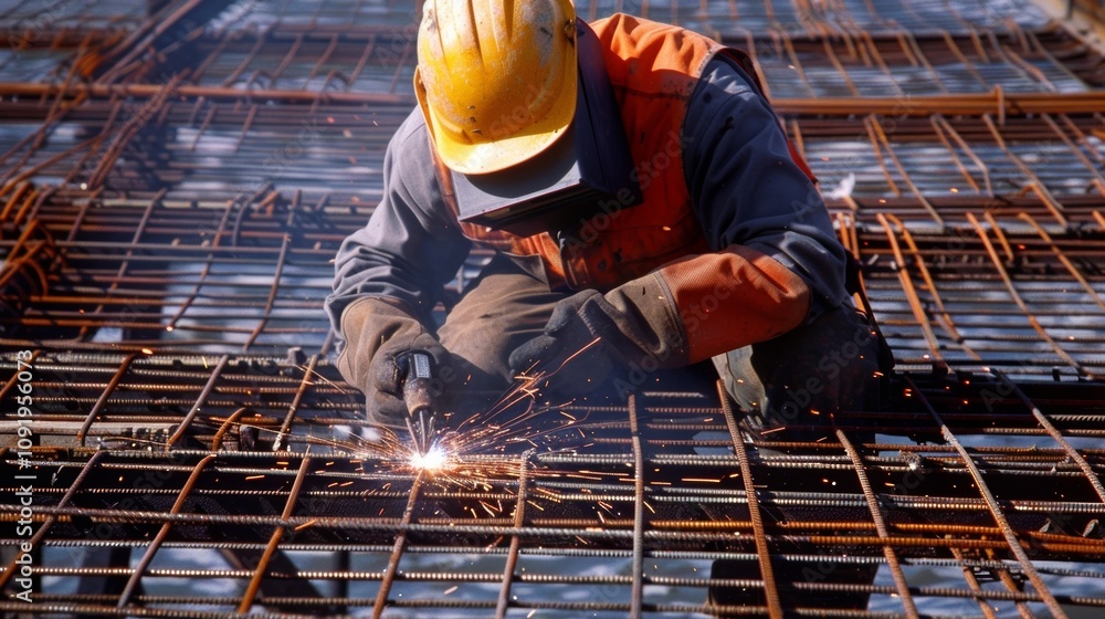 Poster a worker is welding additional steel bars onto the existing structure adding extra reinforcement to 