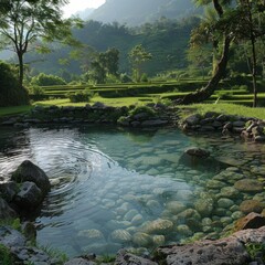 Fototapeta premium Serene mountain spring pool with clear water, surrounded by lush greenery and rocks.