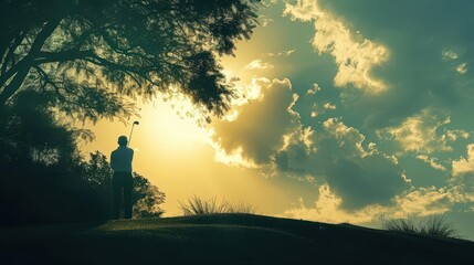 Fototapeta premium A silhouette of a person playing golf, with a lush, green course background