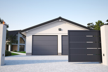 Automatic Sliding Gate and garage, 3d illustration	
