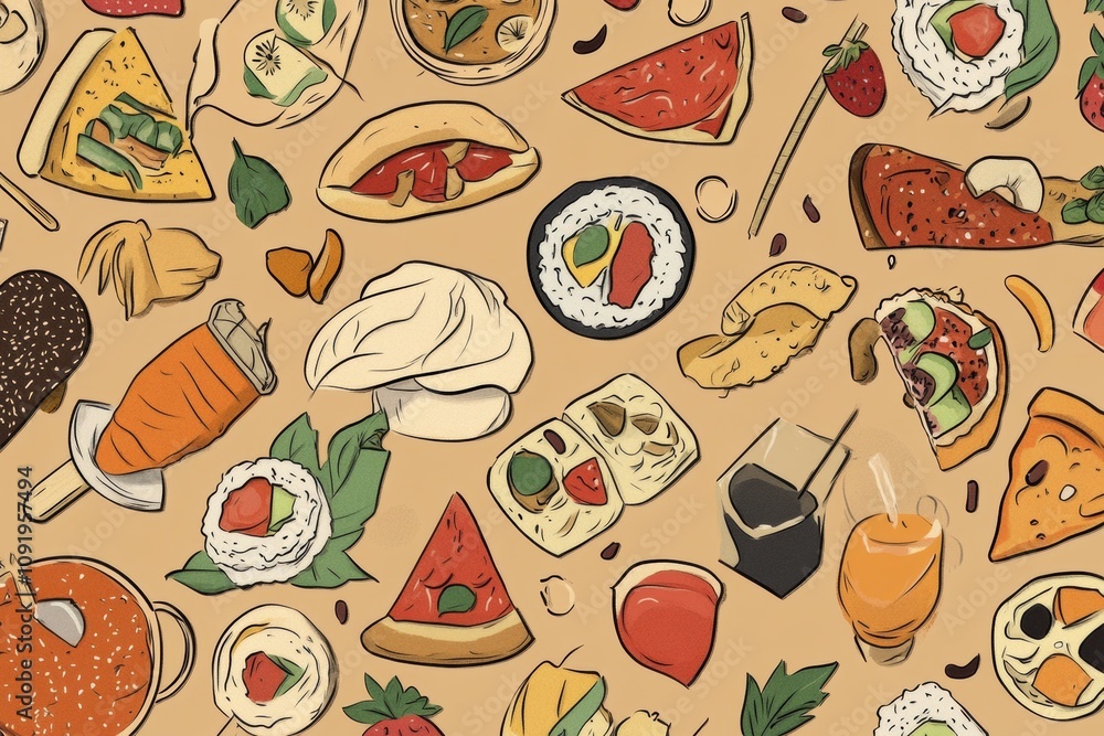 Poster Doodle illustrations showcase an array of delicious foods with lively colors, from pizza and sushi to desserts and drinks, creating a fun atmosphere. Generative AI