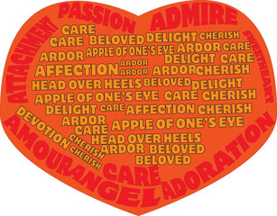 A vector art of terminologies of love in a heart shape form.