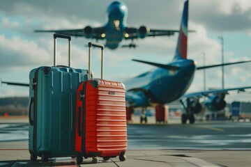 Two vibrant suitcases stand prominently on the tarmac, while an airplane ascends into the clear blue sky, signaling the start of many journeys.