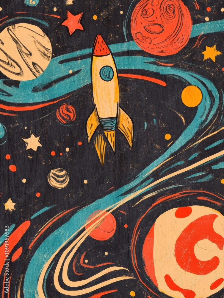 Poster vibrant doodles of planets, stars, rockets, and astronauts playfully swirl in a cosmic scene filled 