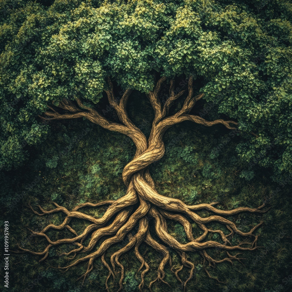 Poster intertwining branches and roots create a visual representation of a tree of life, embodying unity, g