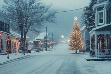 Small town Christmas card Main Street midwestern all-American town quaint snowy winter hometown with cars big illuminated Christmas tree	
