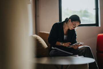 A young student deeply engaged in her studies works on a sofa next to a bright window, emphasizing concentration and learning in a home environment.