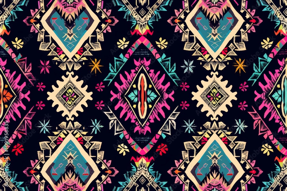 Poster a striking array of colorful tribal patterns fills the canvas, featuring intricate geometric shapes 