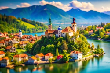 Fototapeta premium Aerial View of Slovenia and Croatia Map in Tilt-Shift Photography Style - Capturing the Beauty of Central Europe with Miniature Effects and Vibrant Colors