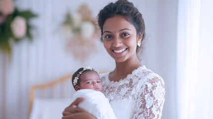 Indian woman holding her newborn baby in hospital smiling with joy to child