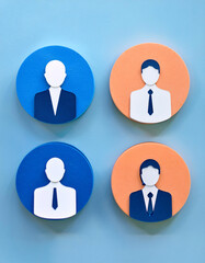 Four circular icons depict stylized business figures in blue and orange backgrounds, representing diversity in professional roles Generative AI