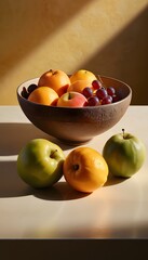 Bowl of Fruit, Tabletop Scene, Fresh Produce, Healthy Snack, Vibrant Colors, Still Life Art, Minimalist Aesthetic, Home Decor, Natural Beauty, Everyday Object, Food Display, AI Generated