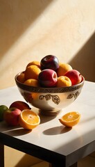 Bowl of Fruit, Tabletop Scene, Fresh Produce, Healthy Snack, Vibrant Colors, Still Life Art, Minimalist Aesthetic, Home Decor, Natural Beauty, Everyday Object, Food Display, AI Generated