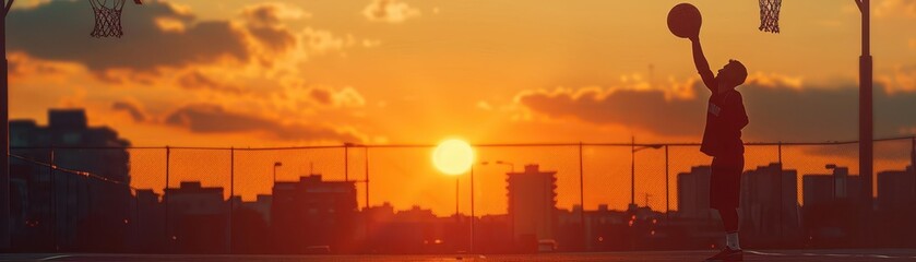 A silhouette of a person playing basketball, with an urban, sunset court scene