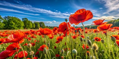 Fototapeta premium Aerial View of Vibrant Common Poppy Flowers (Papaver Rhoeas) and Their Seed Heads in a Lush Green Field during Springtime