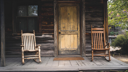 Rustic Wooden Porch Rocking Chairs, Old West Cabin, Vintage Ambiance, Tranquil Scene, Background