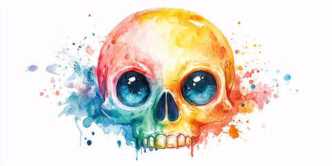 Watercolor painting of a colorful skull with vibrant rainbow hues.