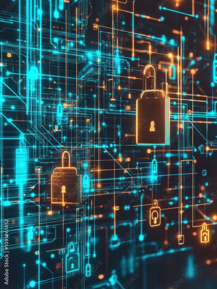 Aufkleber Bright abstract design features interconnected padlocks and keys, representing concepts of security and data protection in a digital realm. Generative AI