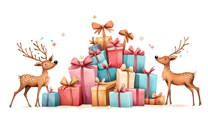Naklejka premium A whimsical pile of gifts tied with bows, surrounded by playful reindeer, watercolor style 