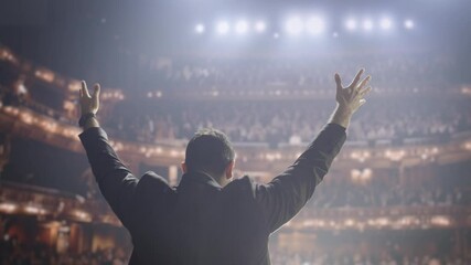 Silhouette Leader Raises Arms Victory Arena Stadium Success Inspiration Achievement Dream