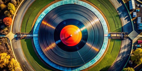 Naklejka premium Aerial View of Vinyl Record Texture Showcasing Unique Grooves and Patterns Captured by Drone Photography, Perfect for Music Lovers, Vintage Decor, and Artistic Displays