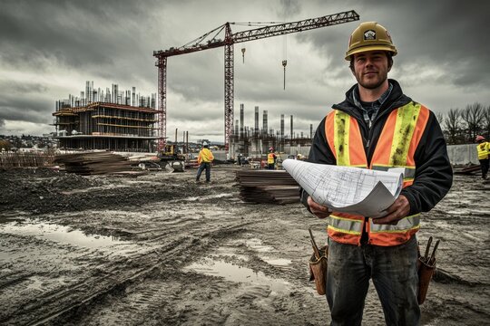 Engineer stands confidently on a busy construction site with blueprints in hand, directing workers amidst looming gray clouds. Generative AI