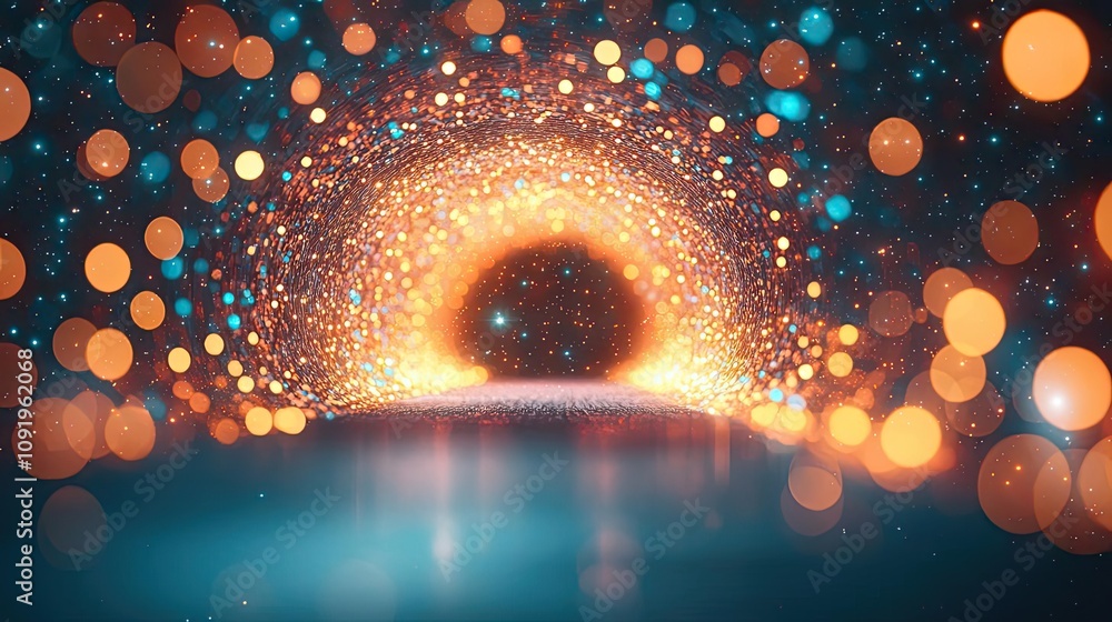 Poster abstract glowing tunnel with colorful bokeh lights on a vibrant background.