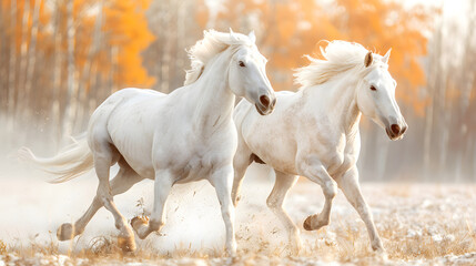 Obraz premium two white horses in winter run gallop with a white accent, png